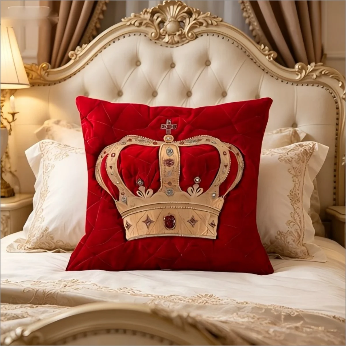 housse coussin carré velours rouge couronne dorée pierres précieuses royal décoration intérieure chambre canapé