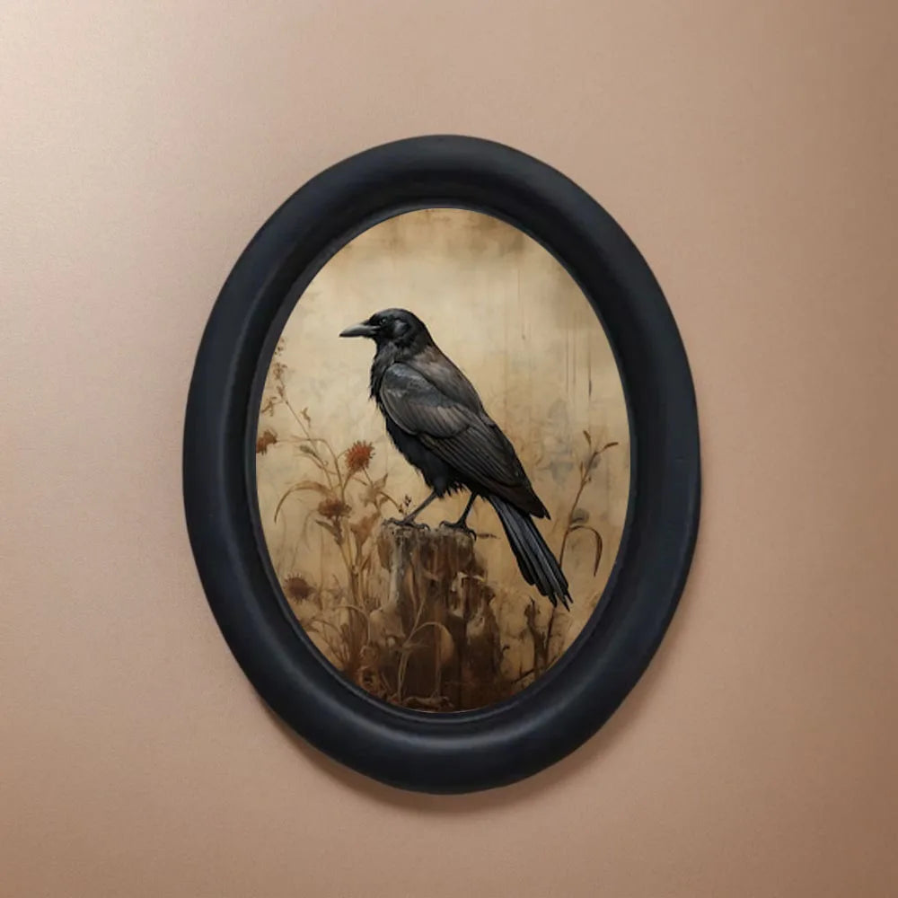cadre ovale corbeau noir fleurs séchées classique décoration murale vintage bois ornement mystérieux erotique