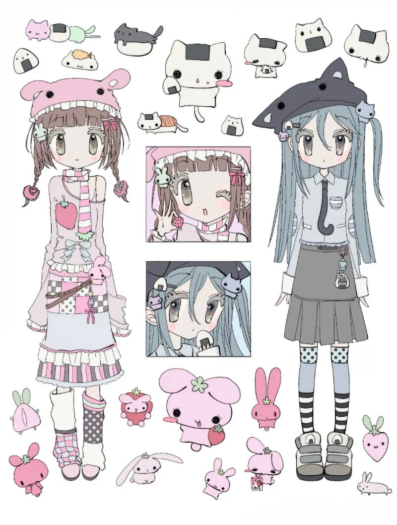 stickers kawaii personnages mignons chats coeurs papillons panda floral rose gris blanc bleu vert