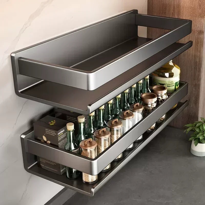 organisateur cuisine étagères murales métal gris fixations multiples modernes condiments bouteilles rangement minimaliste transparents