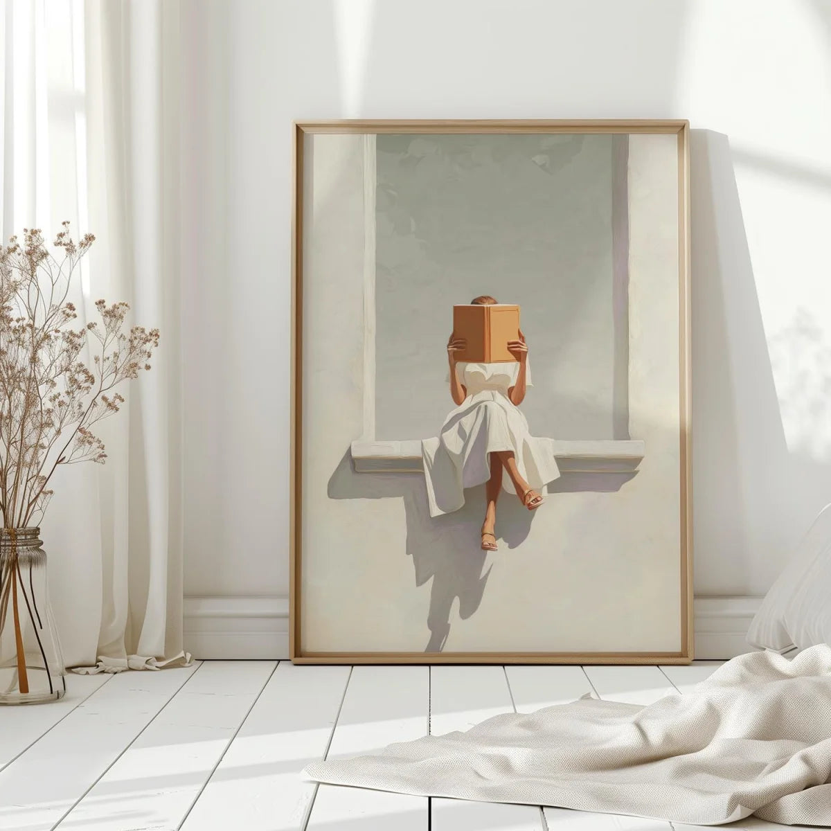 affiche toile femme lisant livre moderne abstraction tons neutres deco salon chambre
