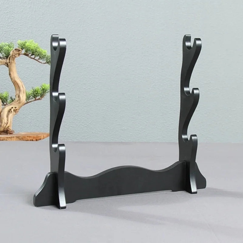 support bois moderne trois niveaux sabre japonais noir minimaliste stand étagère katana decoration maison