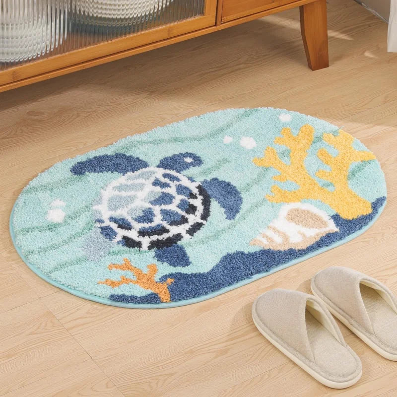 tapis bain antidérapant polyester motif méduse marine vert clair rose jaune bleu blanc moderne