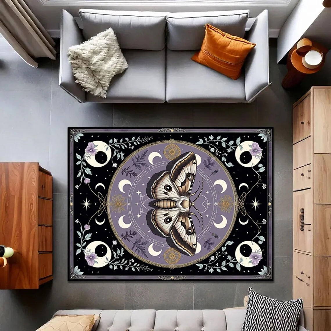 tapis noir violet papillons fleurs lunes pentagrammes moderne gothique vintage floral decoration interieur prayer