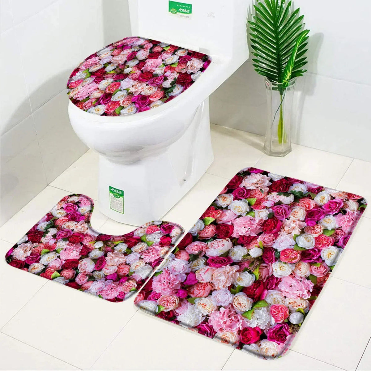 ensemble tapis bain salle bain rouge fleurs roses motif moderne coton doux décoratif