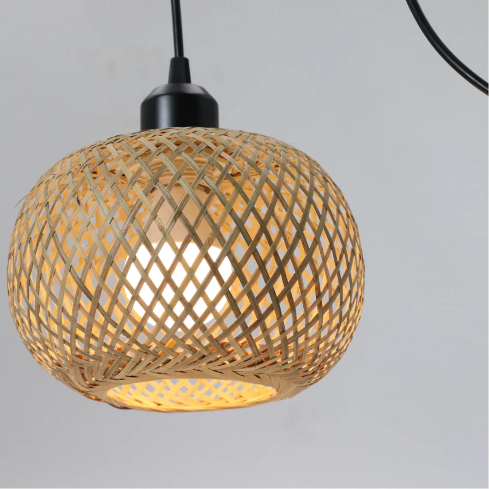 Suspension lumineuse tissage osier moderne rustique naturel noir câble électrique ampoule led douille noire