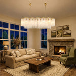 chandelier moderne or opalescent lumière blanche chaîne suspension élégante chambre salon
