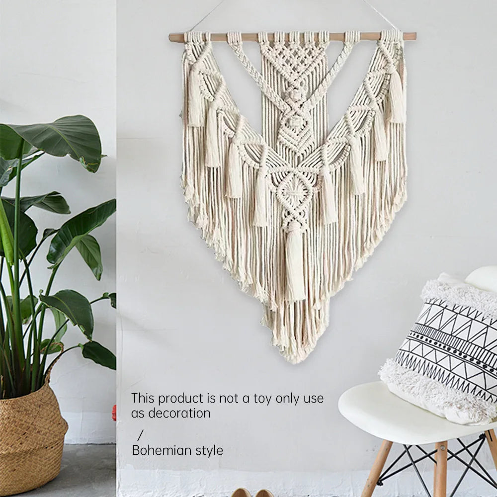 décoration murale boho chic macramé franges beige clair tissu main fixations crochets
