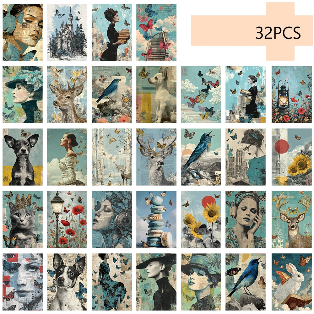 cartes postales vintage collage artistique animaux fleurs paysages urbains enveloppe inclusion