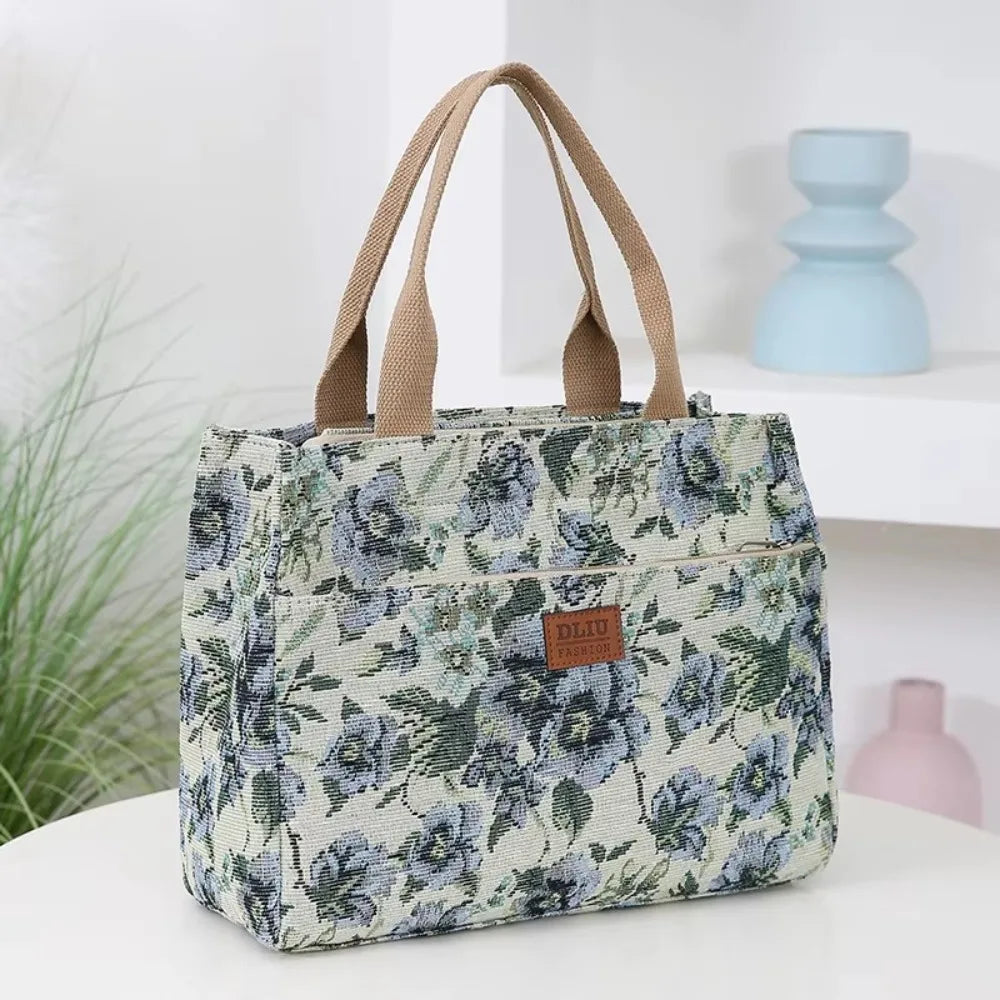 sac main femme toile imprimé floral poignées détachables vintage beige bleu vert