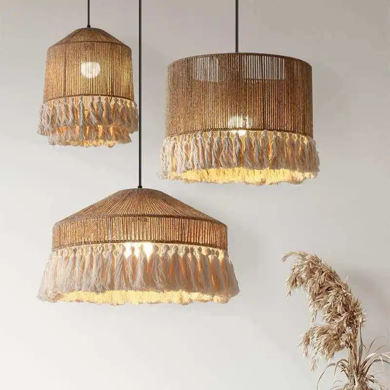 suspension lumineuse boho tissu tressé franges beige blanc rustique