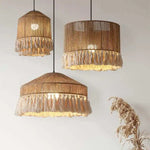 suspension lumineuse boho tissu tressé franges beige blanc rustique