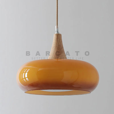 Lustre suspendu orange rétro en verre et bois pour salon moderne