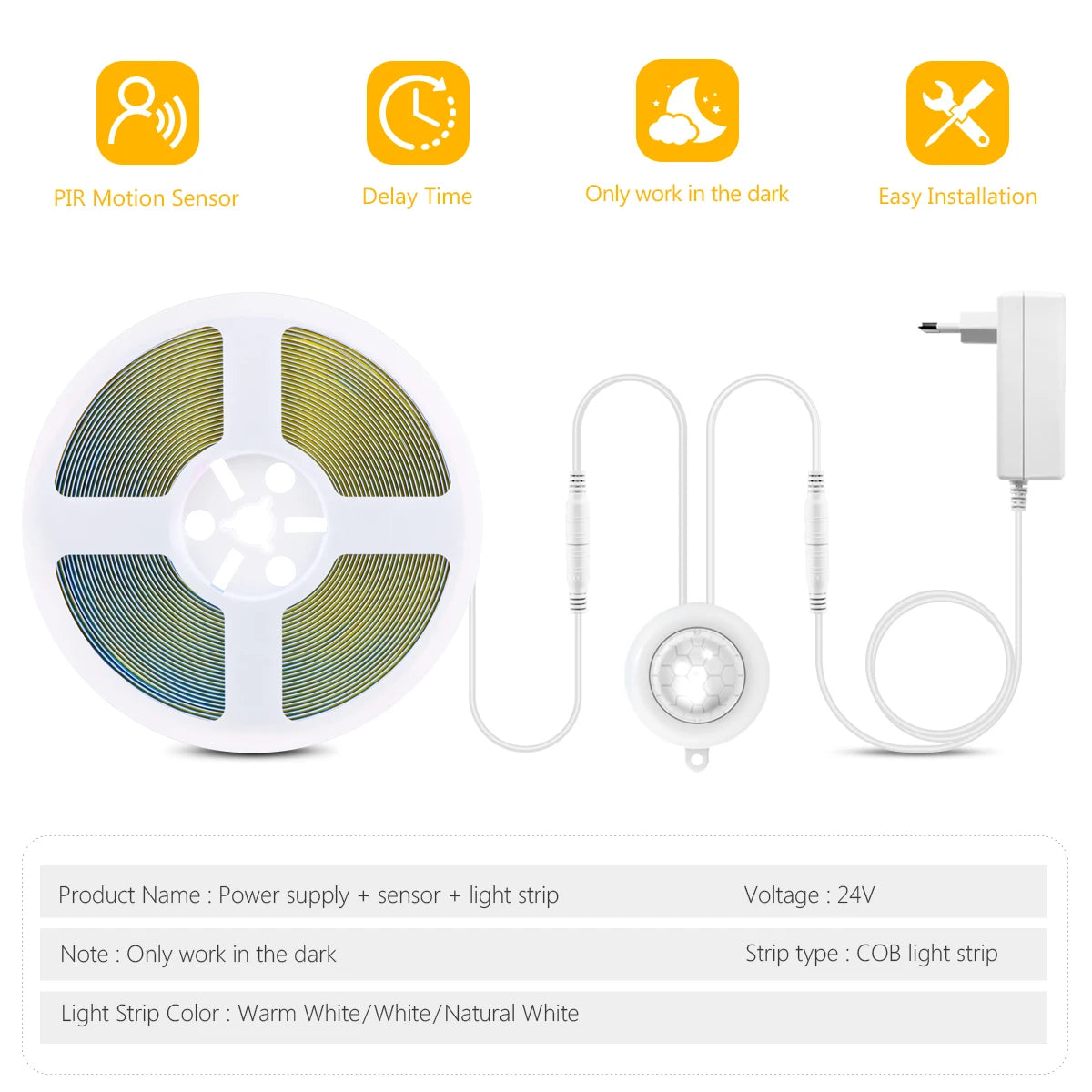 ruban led cob blanc capteur mouvement 24v escaliers armoires cuisine rétro éclairage