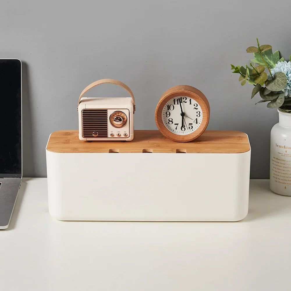 boîte rangement blanc texture bois moderne organisation fil câble réutilisable plastique