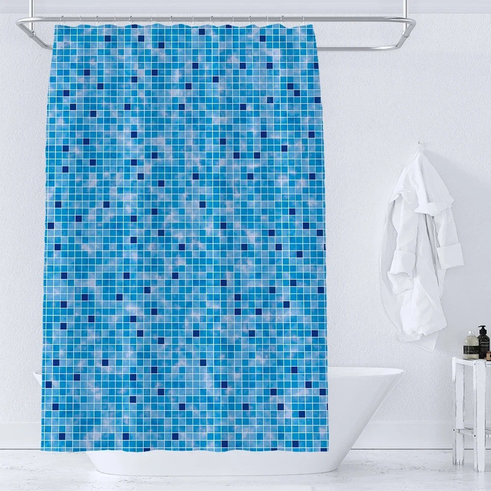 rideau douche moderne carreaux géométriques bleu gris feuilles tropicales opaques anneaux métalliques polyester