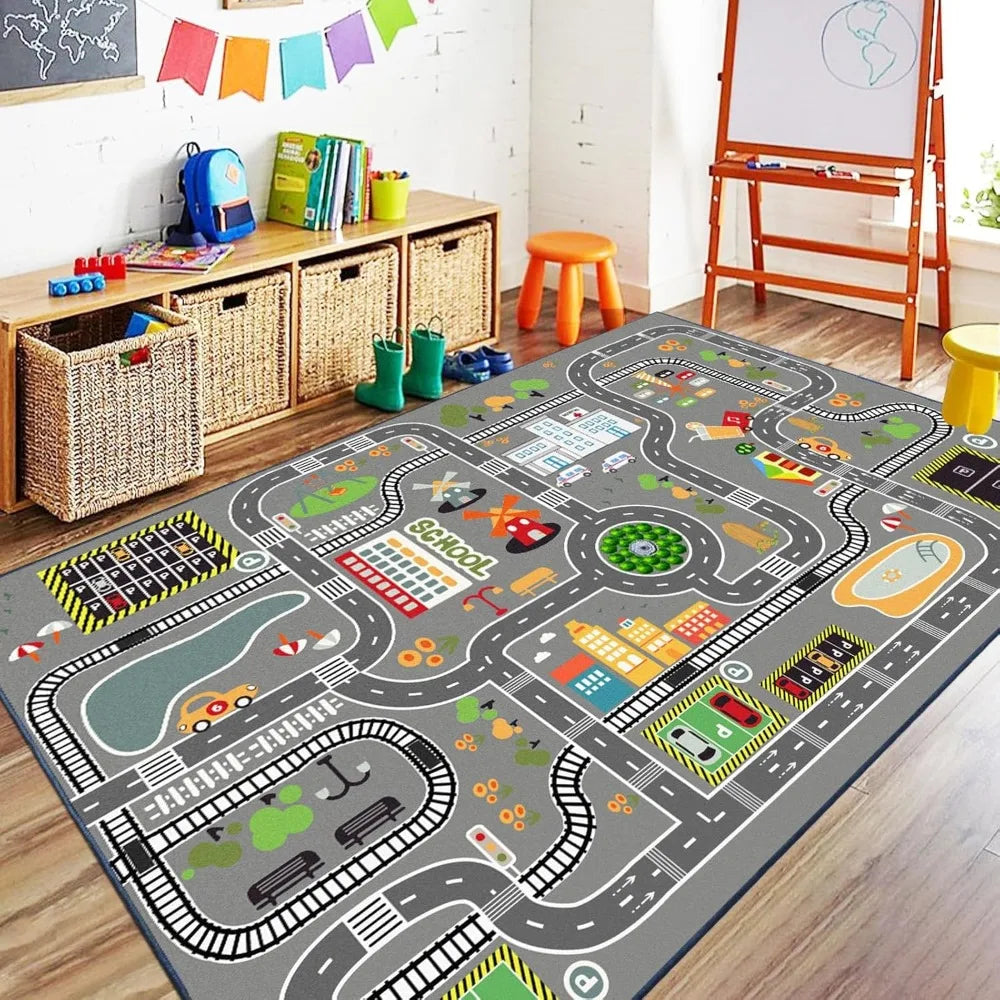 tapis jeu enfant moderne route voitures arbres panneaux signalisation gris vert bleu jaune blanc
