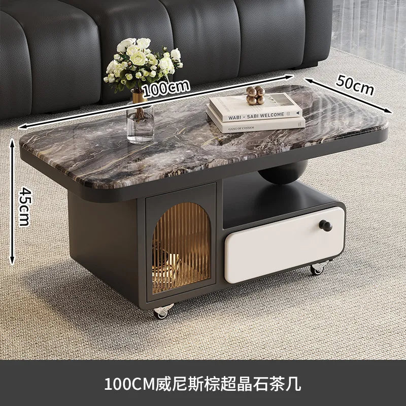 table basse moderne marbre noir tiroir roulette salon minimaliste italien