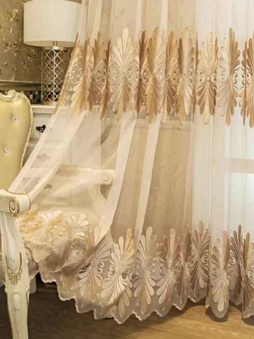 rideau classique beige broderie florale semi transparent salon chambre fenêtre maison