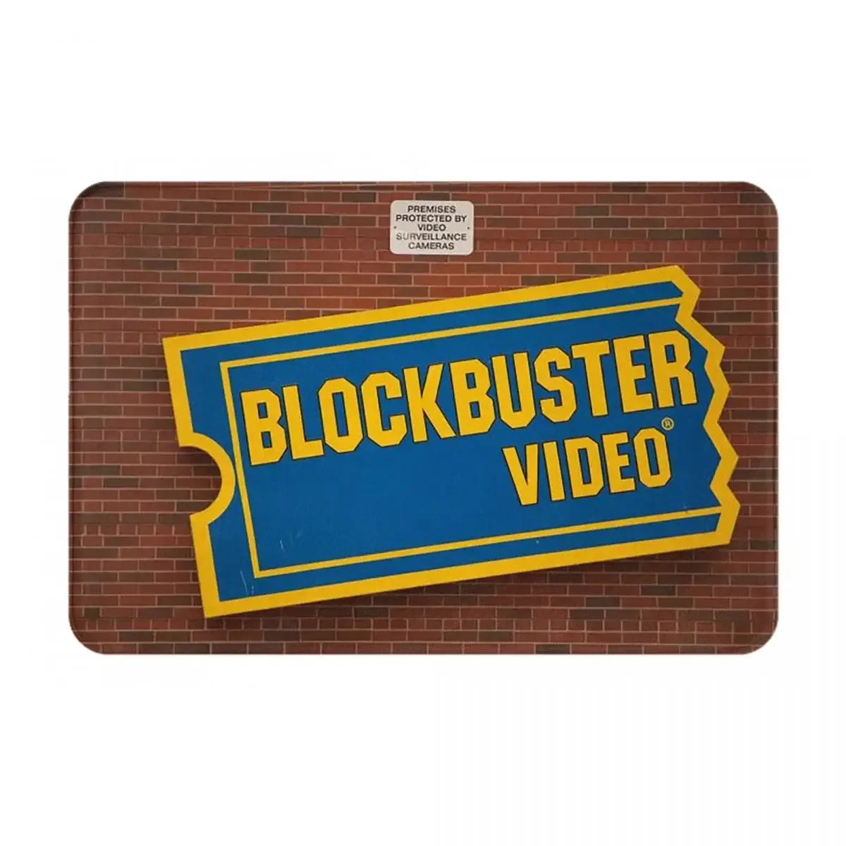tapis sol antidérapant imperméable coton polyester bleu foncé jaune motif blockbuster video rétro duveteux