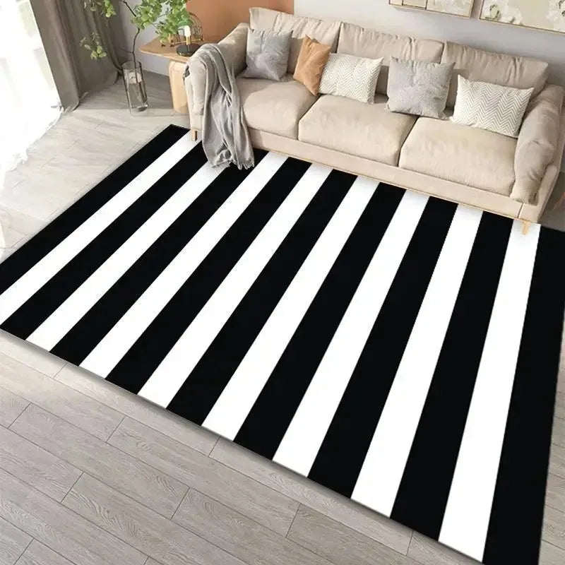 tapis sol moderne noir blanc motif géométrique rayures carreaux salon chambre décoratif polyester