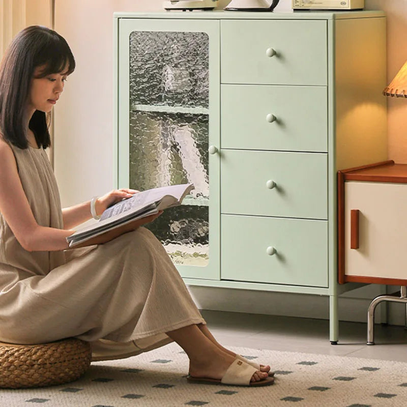 armoire tiroirs blanc moderne verre translucide poignées blanches pieds noirs