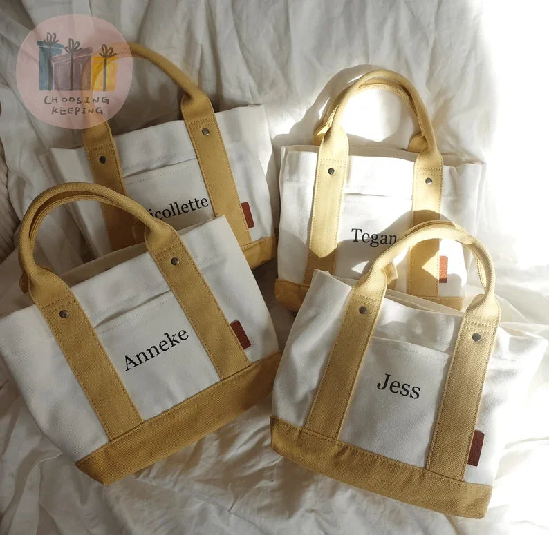 sac main toile blanc beige rose bleu marine moderne casual porte cartes étiquettes personnalisables