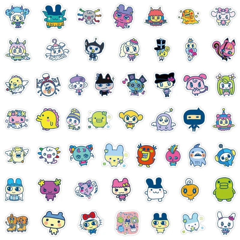 sticker dessin animé personnages animés couleurs vives bleu vert jaune rose noir blanc