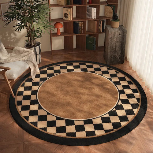 tapis rond beige noir motif fleurs oiseaux décoration salon chambre intérieur doux antidérapant moderne