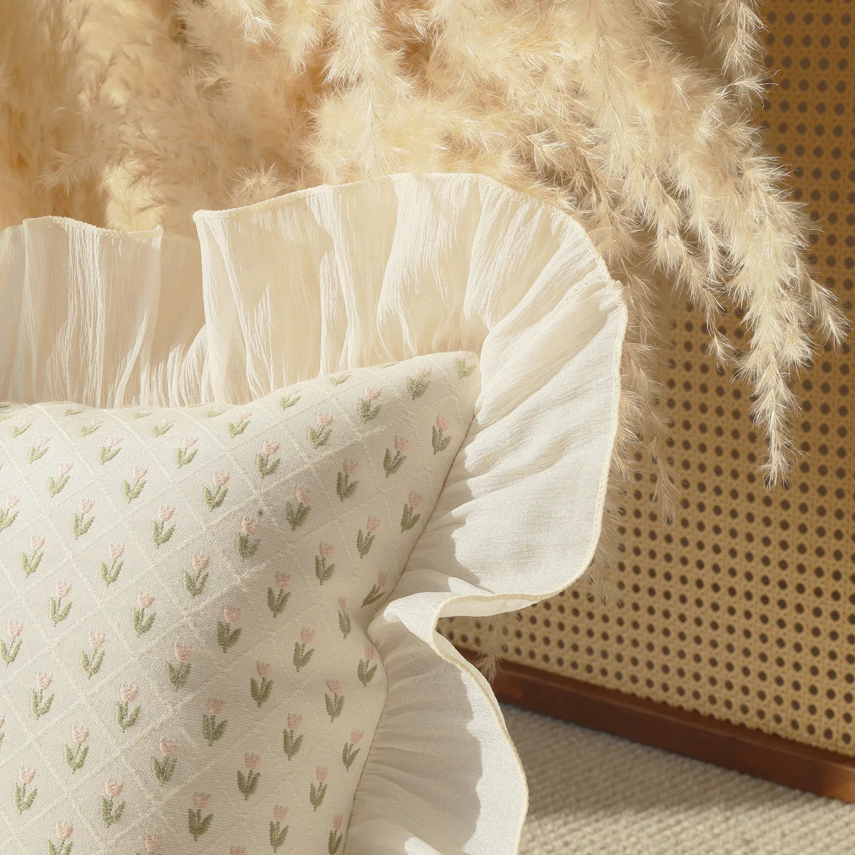 housse coussin polyester imprimé floral vintage romantique beige marron orange pointillé øllets square rectangle