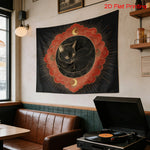 tapisserie murale moderne chat noir motifs floraux astraux contemporain noir rouge or chambre salon