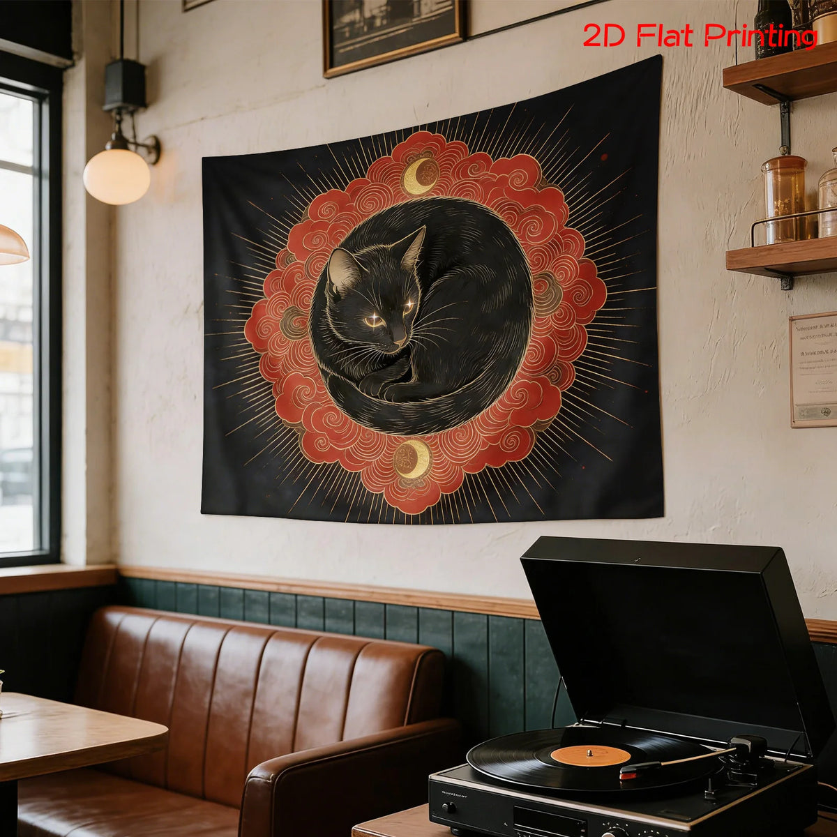 tapisserie murale moderne chat noir motifs floraux astraux contemporain noir rouge or chambre salon