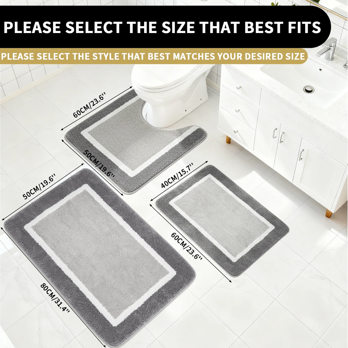 tapis bain microfibre absorbant doux moderne gris blanc bordure blanche rapide séchage respectueux environnement