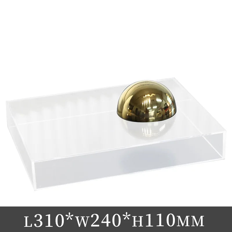 présentoir rectangulaire acrylique transparent couvercle anti poussière moderne sphère dorée livre blanc motif léopard