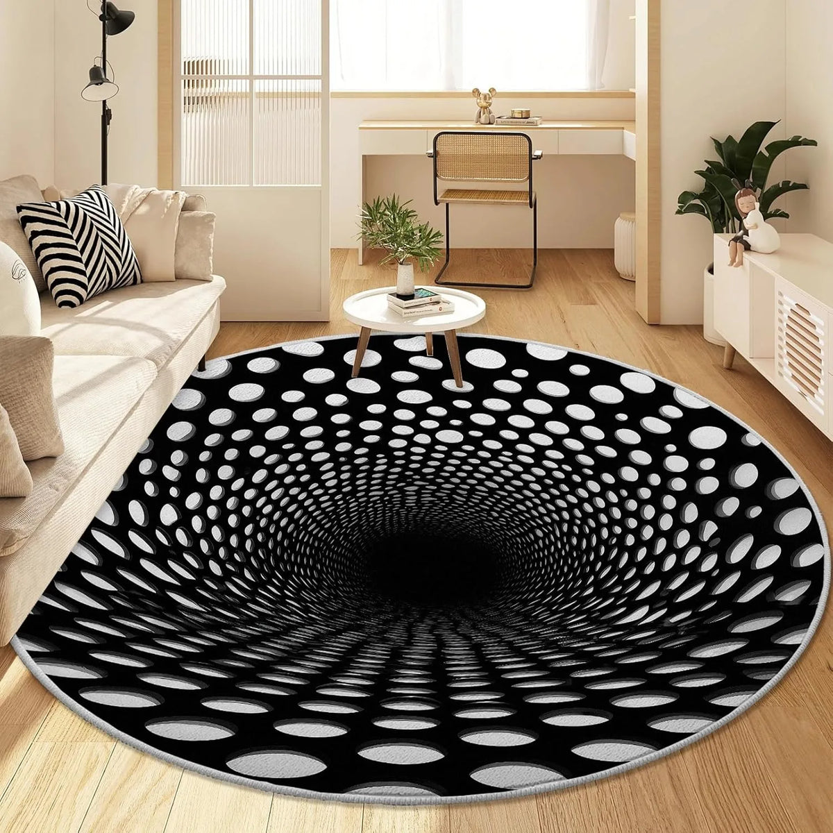 tapis rond moderne optique points carreaux noir blanc orange bleu 80x80cm 120x120cm