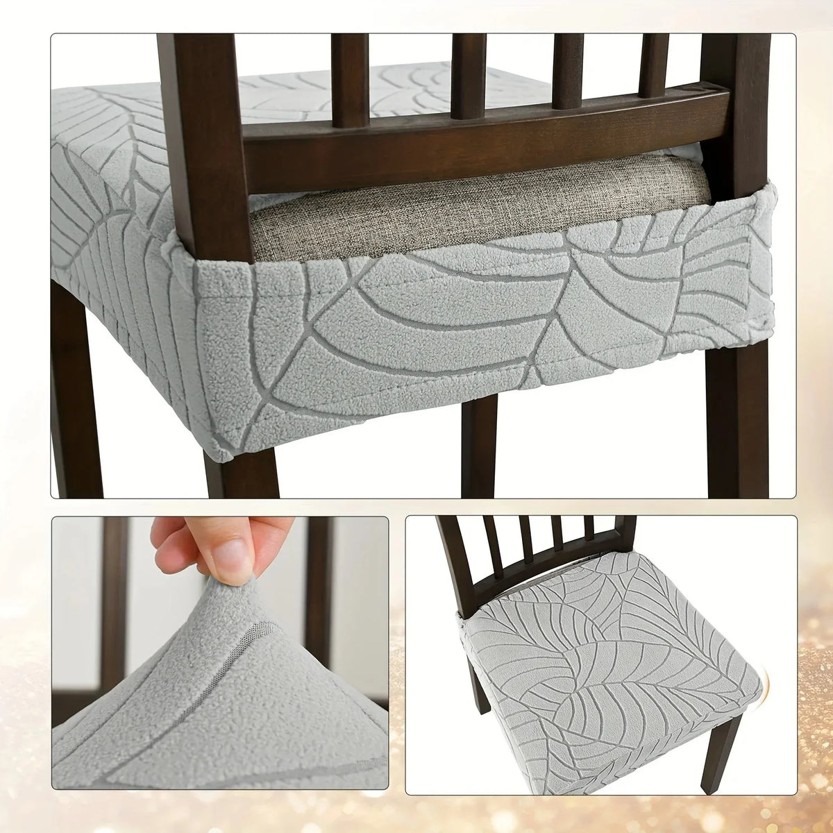housse chaise gris clair feuilles stylisées élastique moderne protection siège polyester