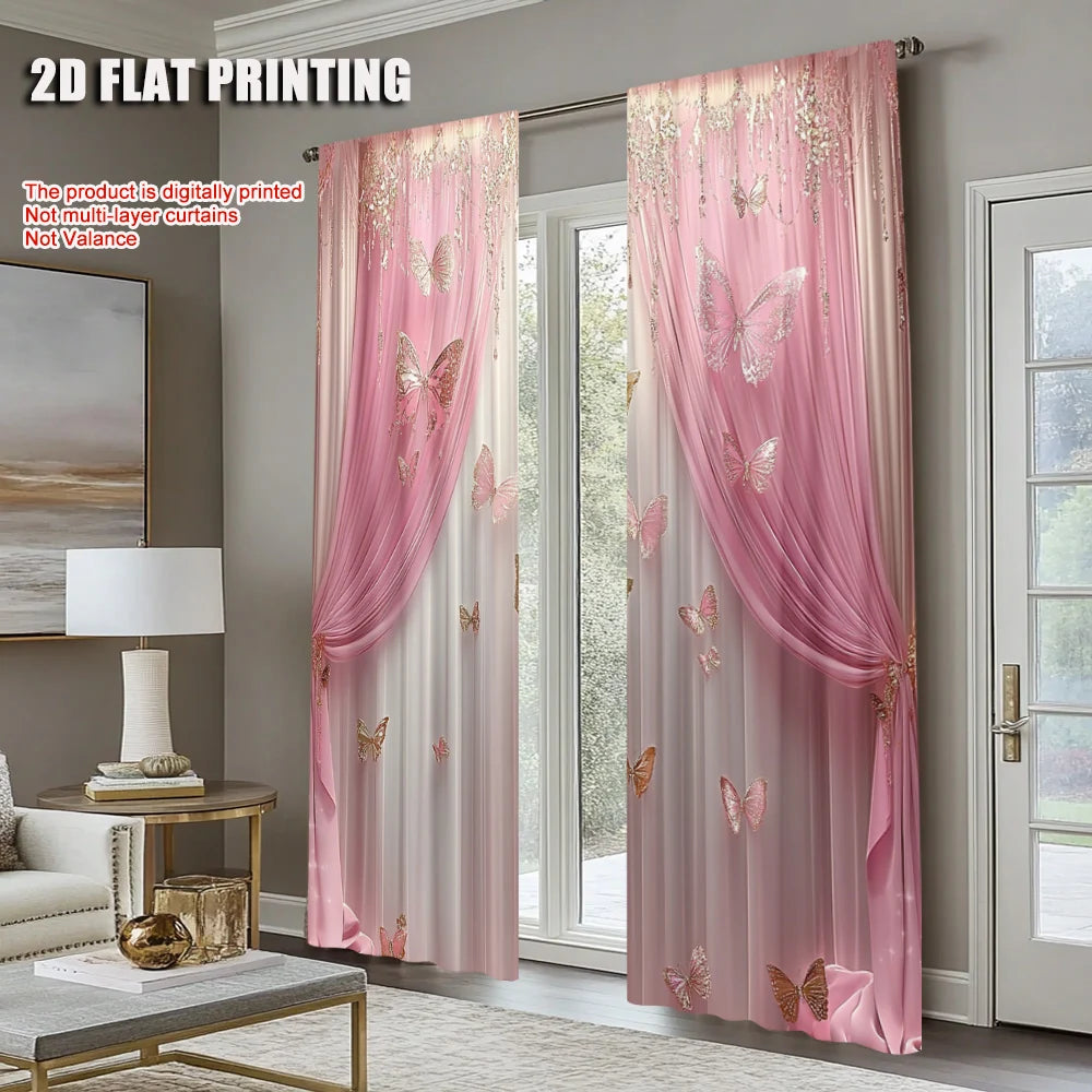 rideaux fenêtre deux panneaux rose papillons semi transparent métalliques chambre salon