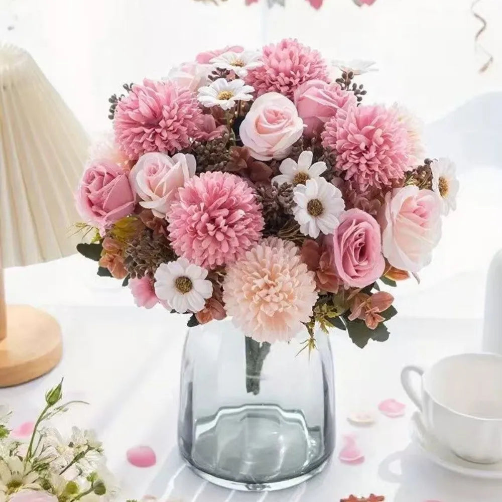 bouquet fleurs artificielles roses blancs intérieur décoration classique anniversaire nouveauannéechinoise