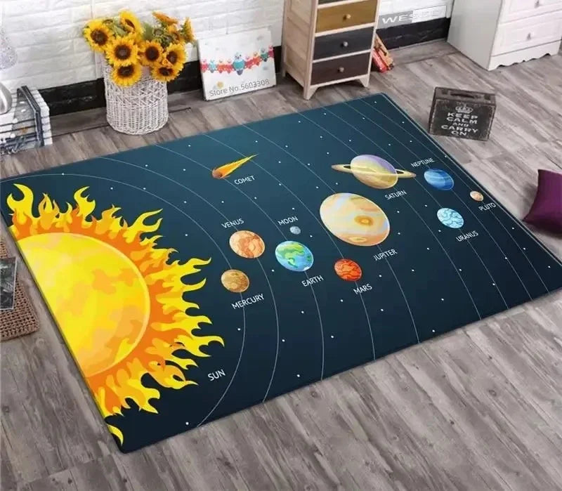 tapis moderne systèmes solaires planètes bleu foncé jaune orange gris chambre salon