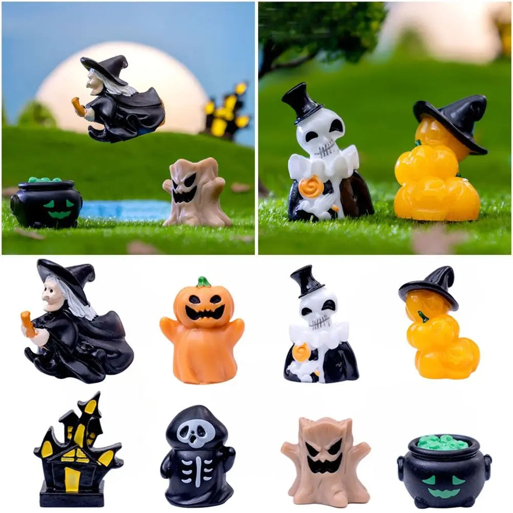figurines halloween sorcière fantôme citrouille squelette résine noire blanche verte Jaune