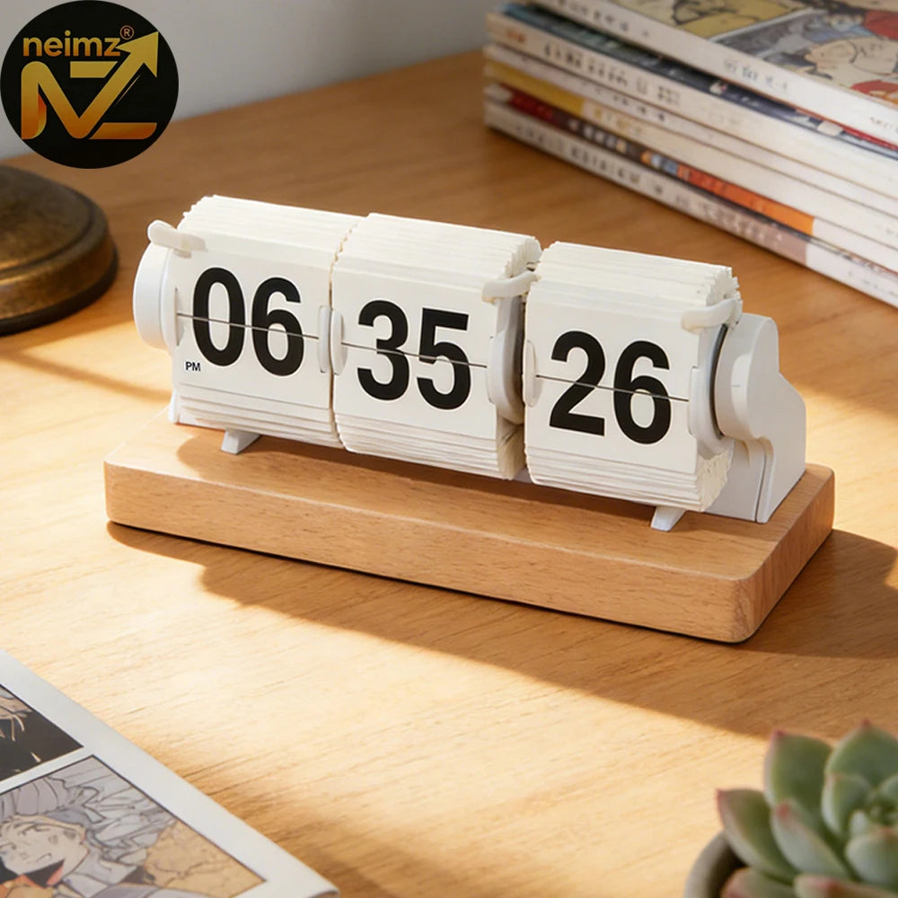 horloge rotative numérique blanc noir support bois vintage moderne date secondes