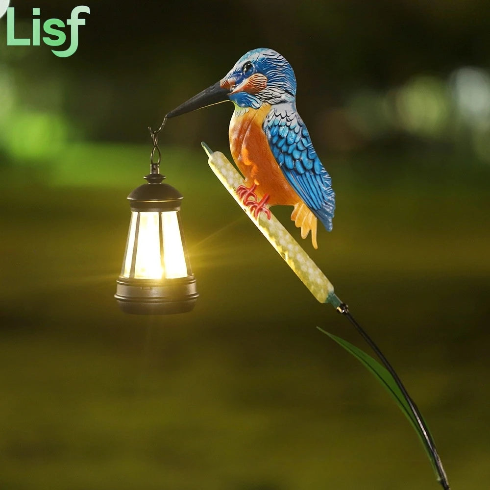 lanterne solaire oiseau artificiel plumes colorées bleu orange vert lanterne noire réaliste décoratifextérieur jardin