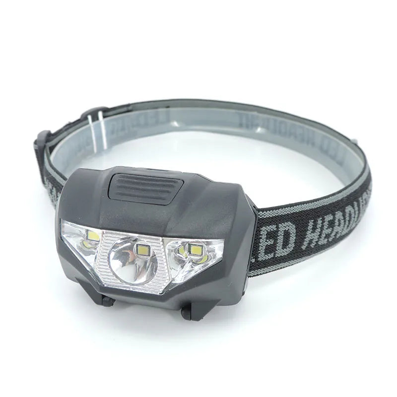 lampe frontale led gris tissu logo ceinture ajustable mode nuit blanc camping pêche