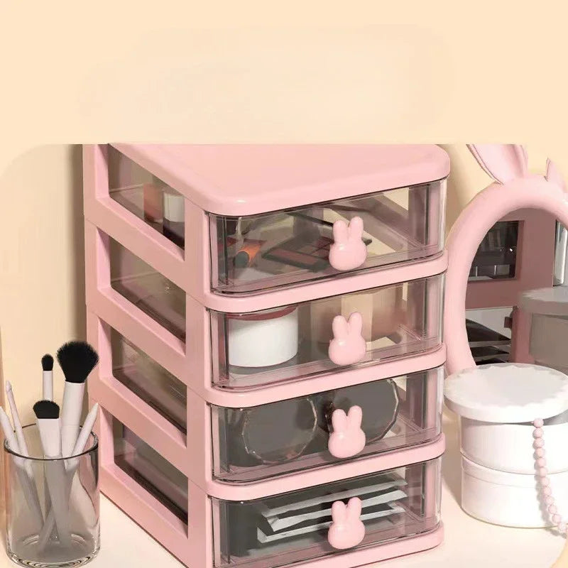meuble rangement tiroirs transparents poignées lapins moderne rose clair cosmétiques fournitures articles divers