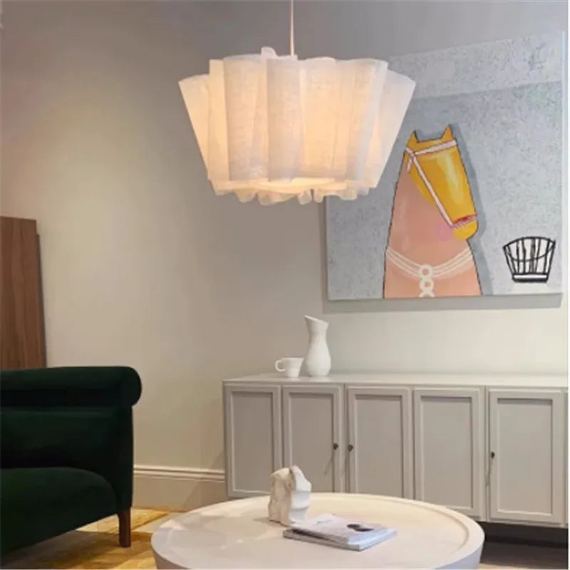 Suspension lumineuse moderne tissu beige clair rayé pliable salon chambre d'hôtel trois lumières