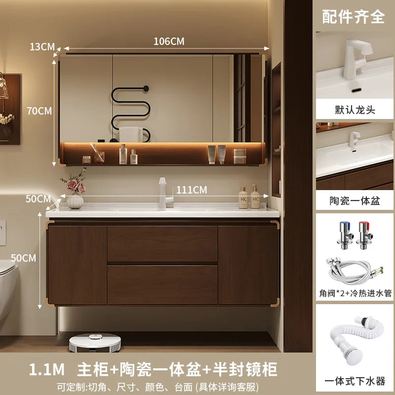 meuble salle bain moderne miroir étagère rangement blanc marron bois naturel