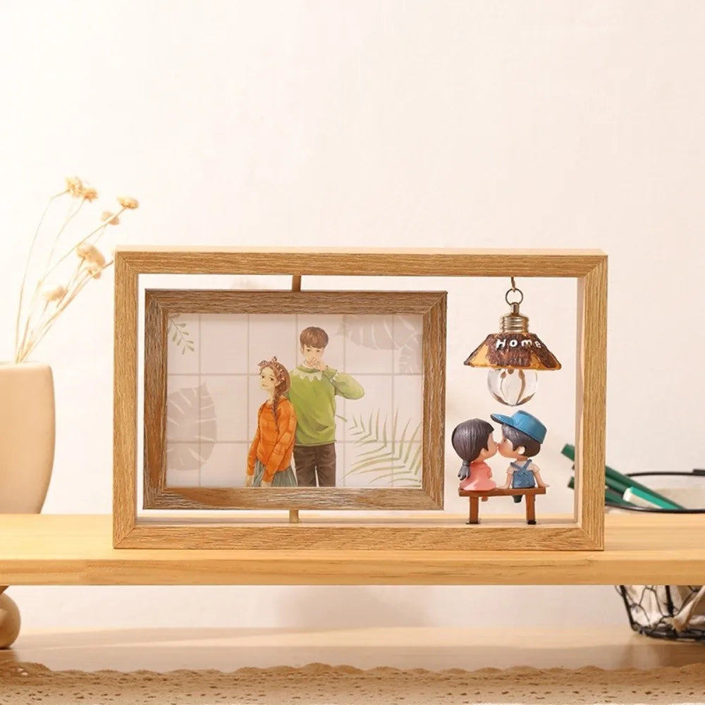 cadre photo double face bois marron rustique suspendu élément décoratif petite lampe cœur bois