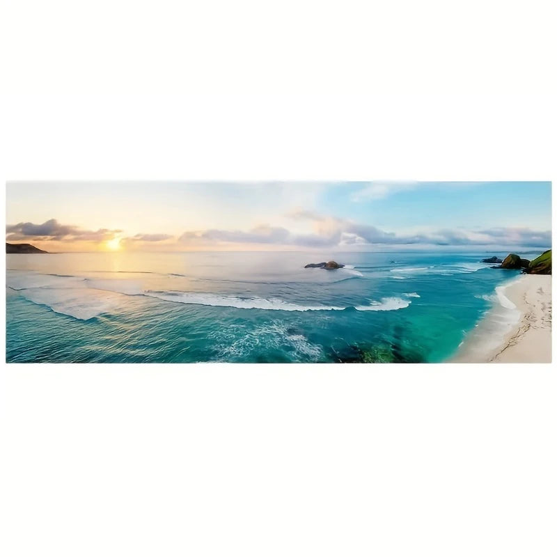 paysage marin coucher soleil impression toile coton moderne rectangle vertical plage bleue ciel orangé