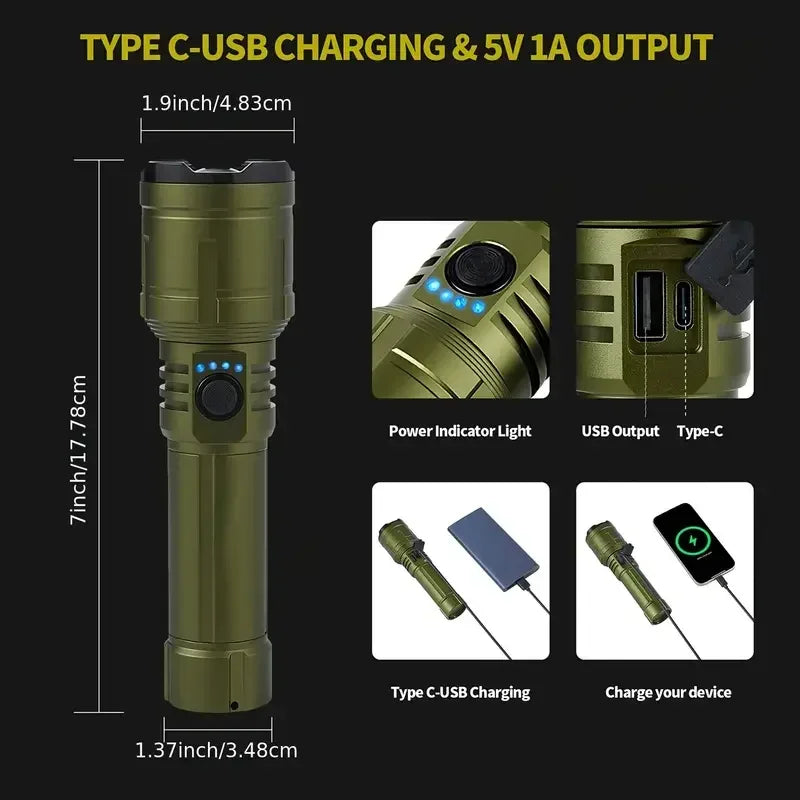 lampe torche rechargeable zoom modes indicateur charge sortie usb type étanche camping