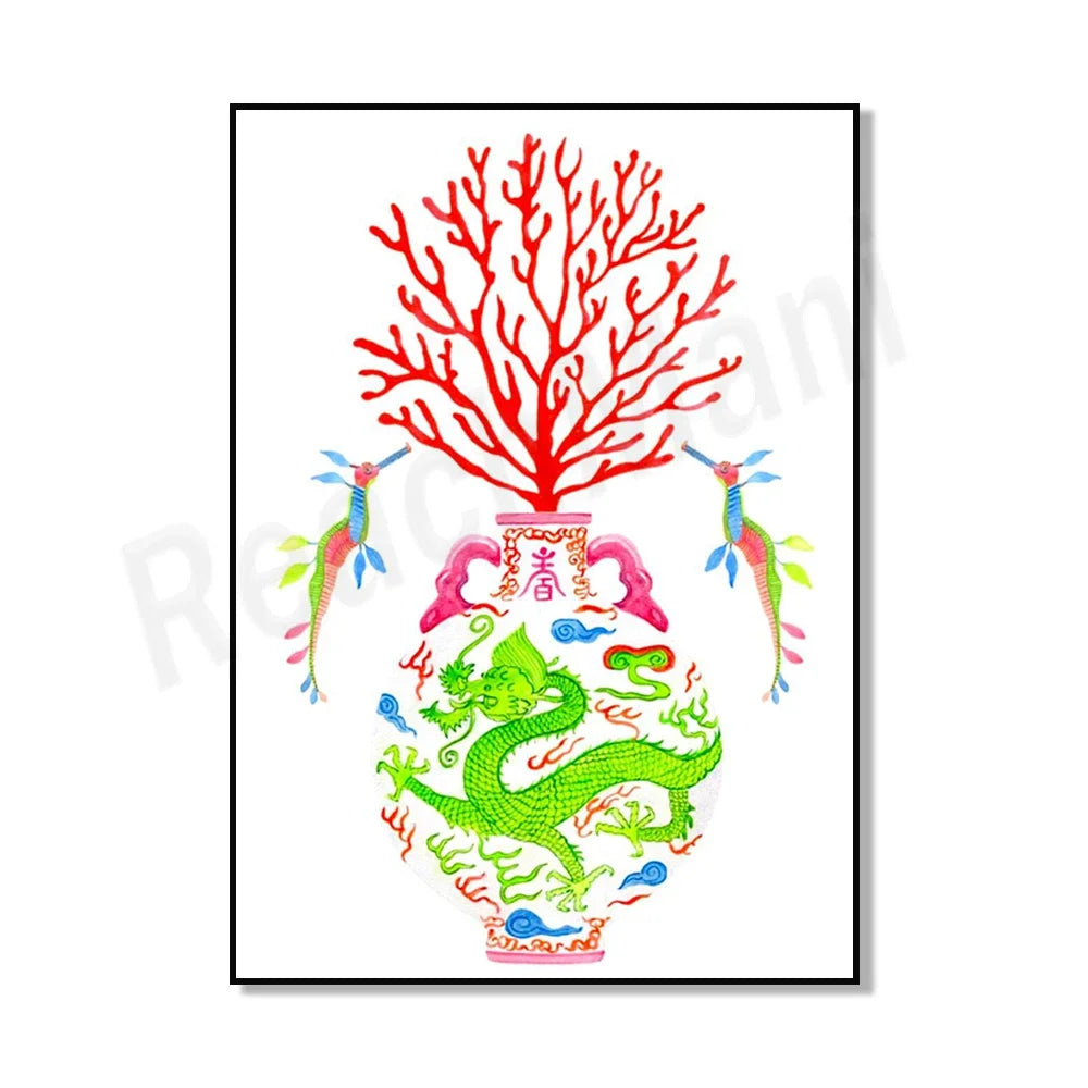 Cette image montre une scène colorée représentant un dragon vert entouré de coraux rouges avec deux oiseaux volant à côté.